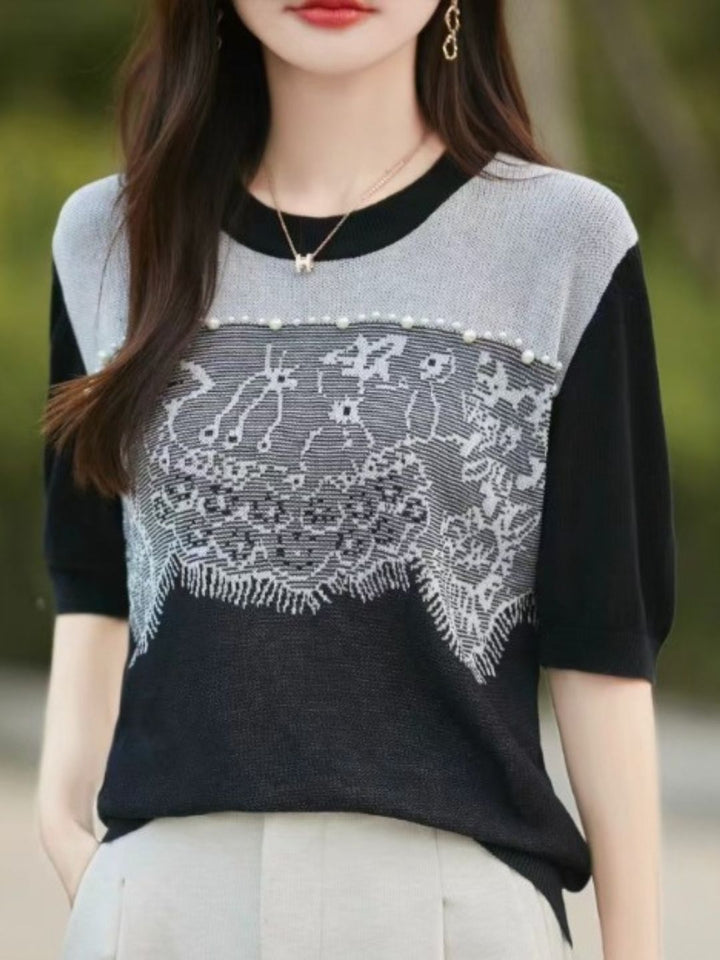 Crew Neck Lace Panel Knitted Top