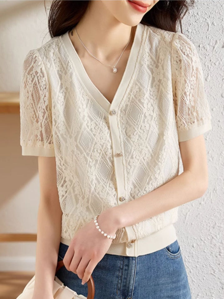 Elegant Lace Hollow V-Neck Top