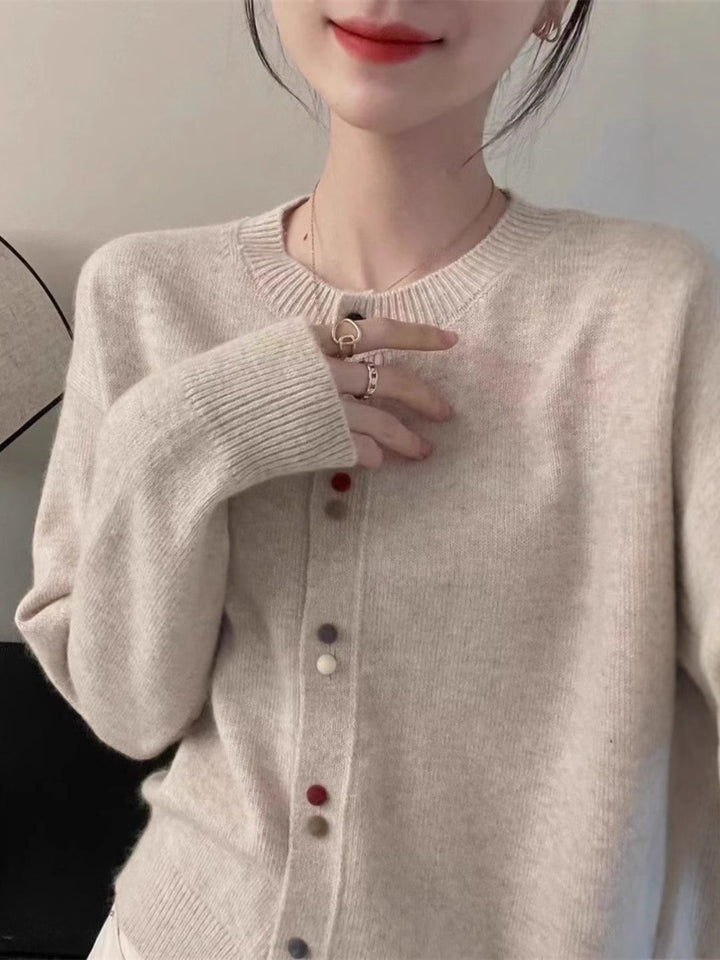 Vintage Crew Neck Knit Cardigan - Red