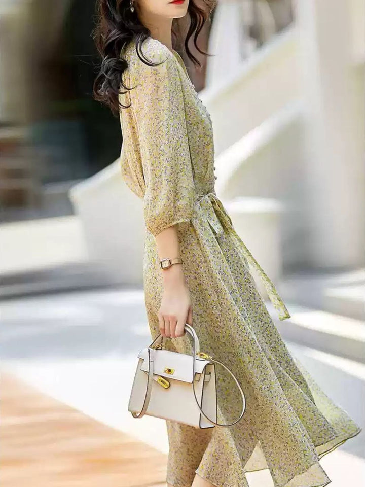 V-Neck Chiffon Floral Dress