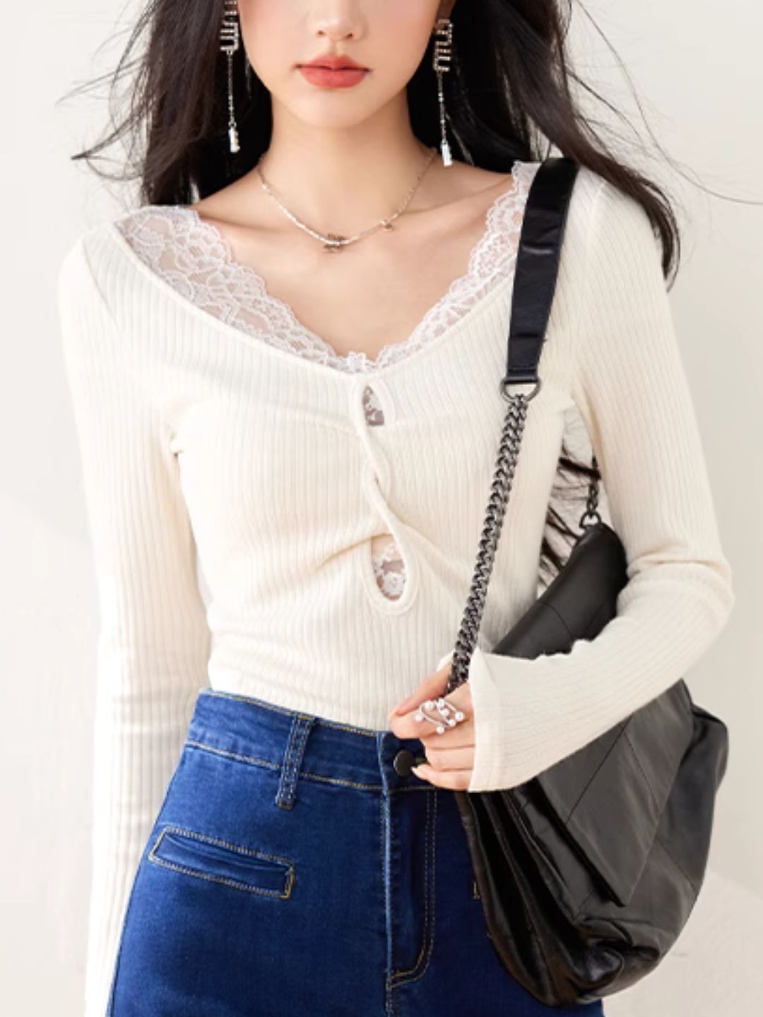 Lace Hollow Long Sleeve Top