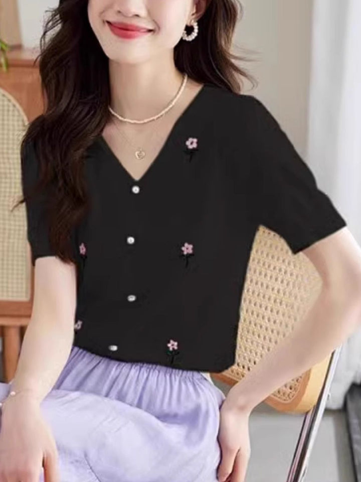 V-Neck Knitted Top With Hollow Embroidery