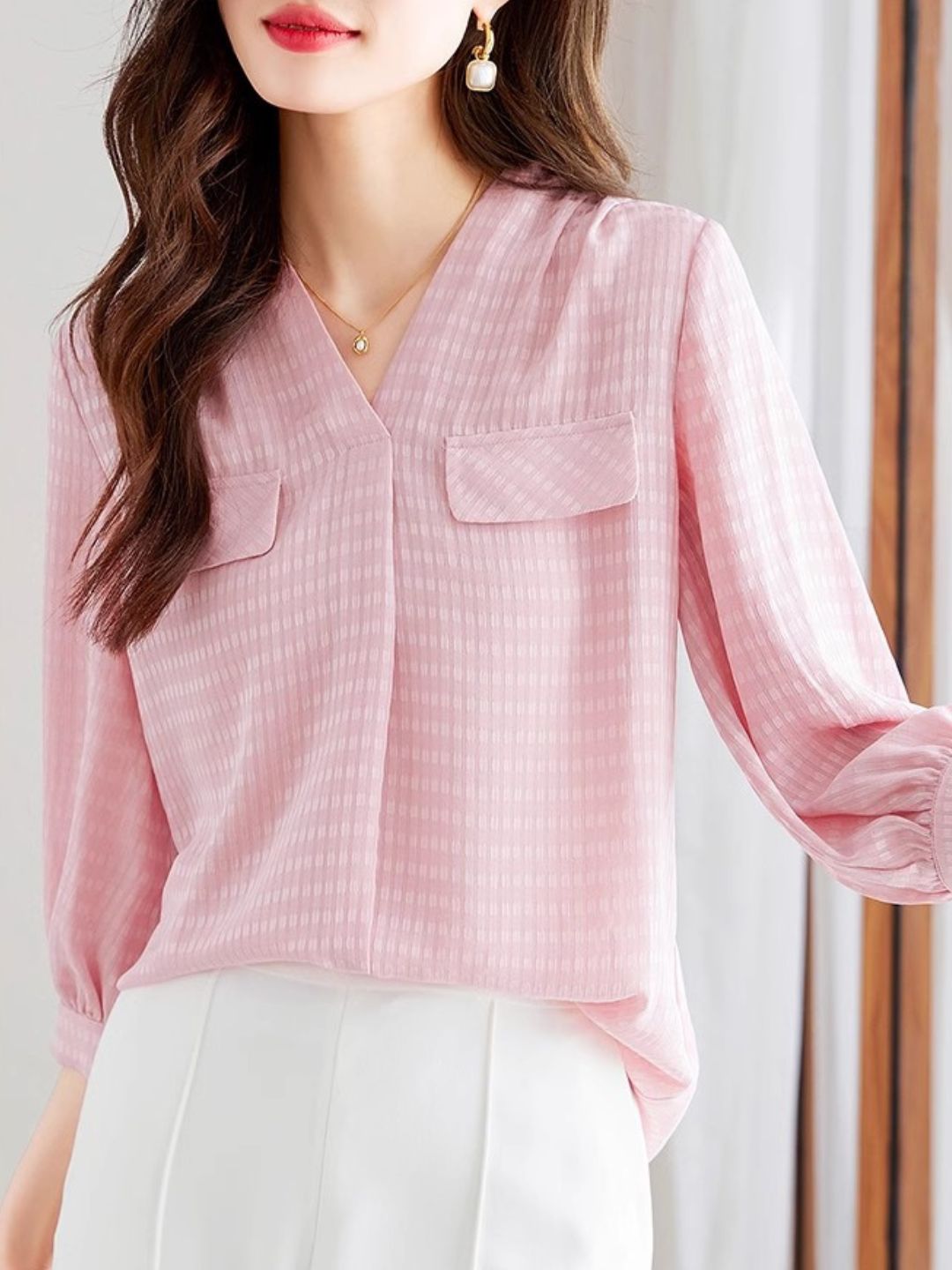 V-neck Chiffon Shirt Pink