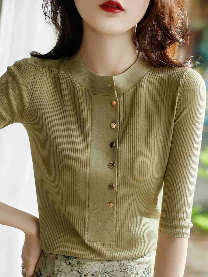 Crew Neck Solid Color Button Knitted Top