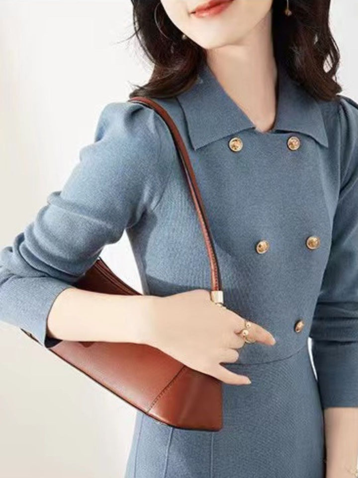 Lapel Knitted Sweater Dress -Black