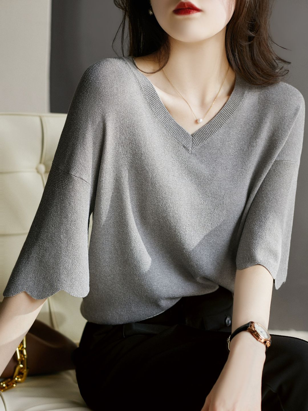 Flared Petal Sleeves V-Neck Top