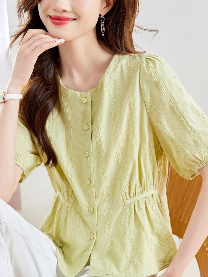 Round Neck Embroidered Shirt - Green