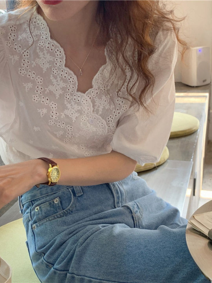 V-neck Embroidered Lace Shirt