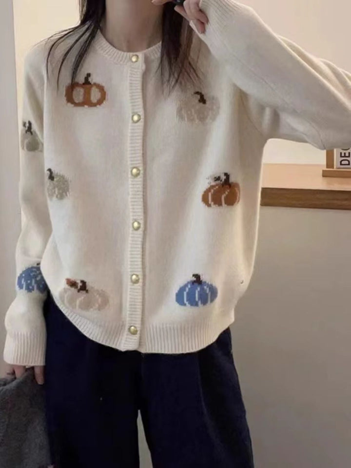 Simple Crew Neck Pumpkin Jacquard Sweater - Grey