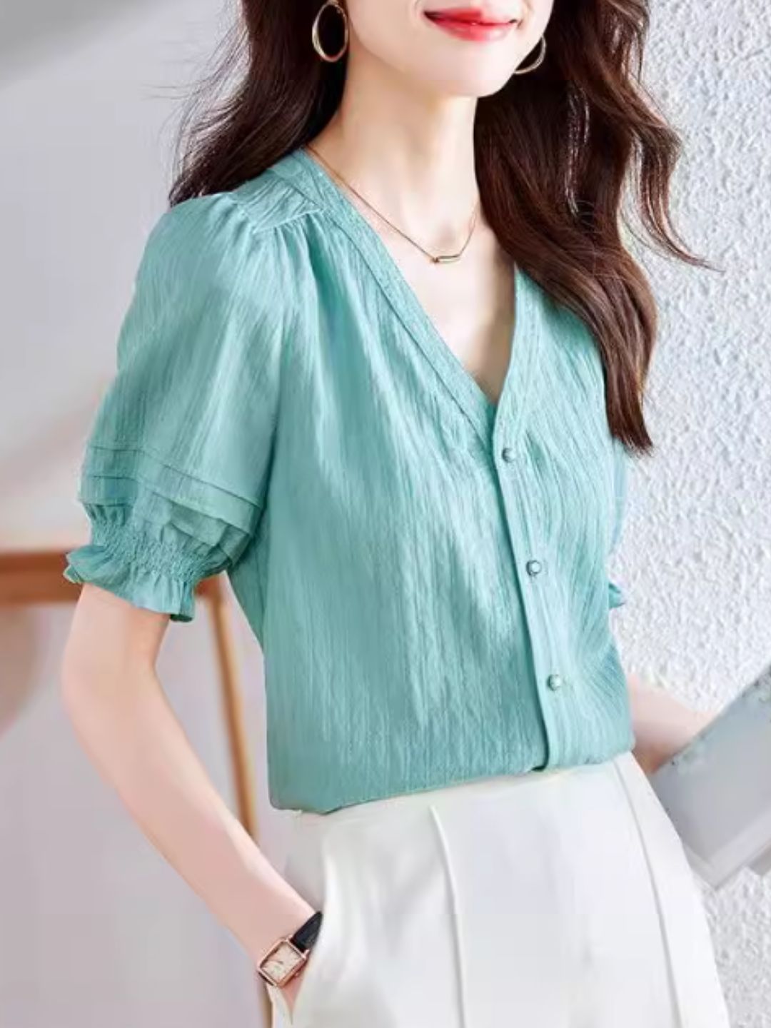 French V-neck Puff Sleeve Shirt - Purple