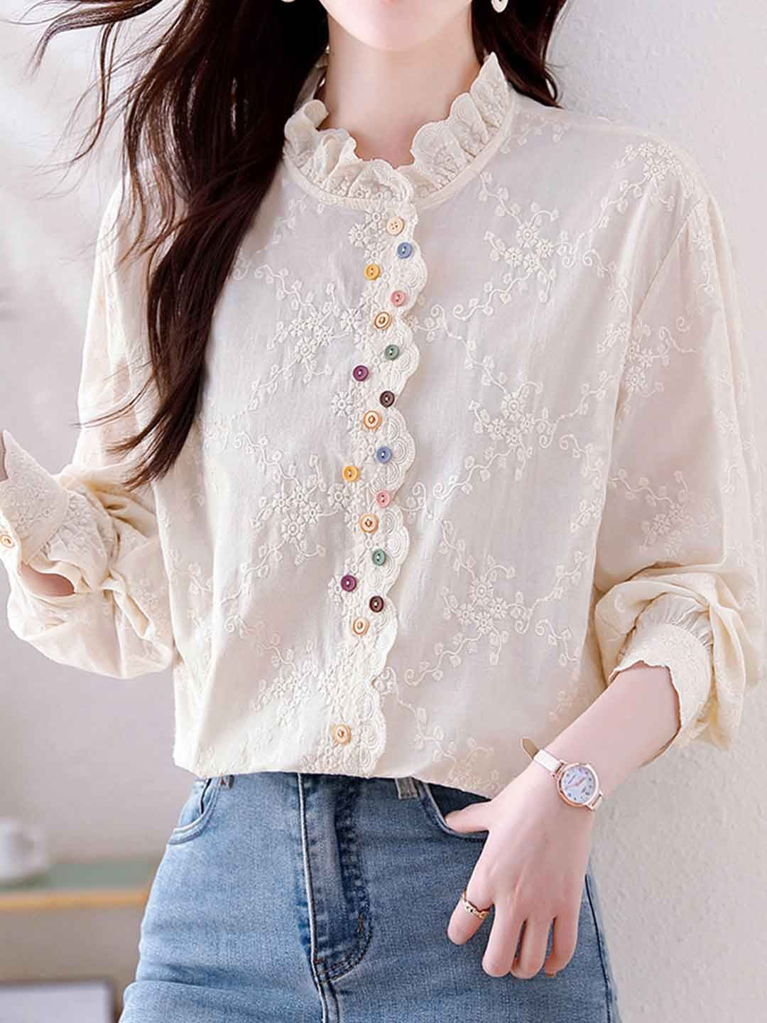 Classic Solid Color Hollowed Embroidered Top
