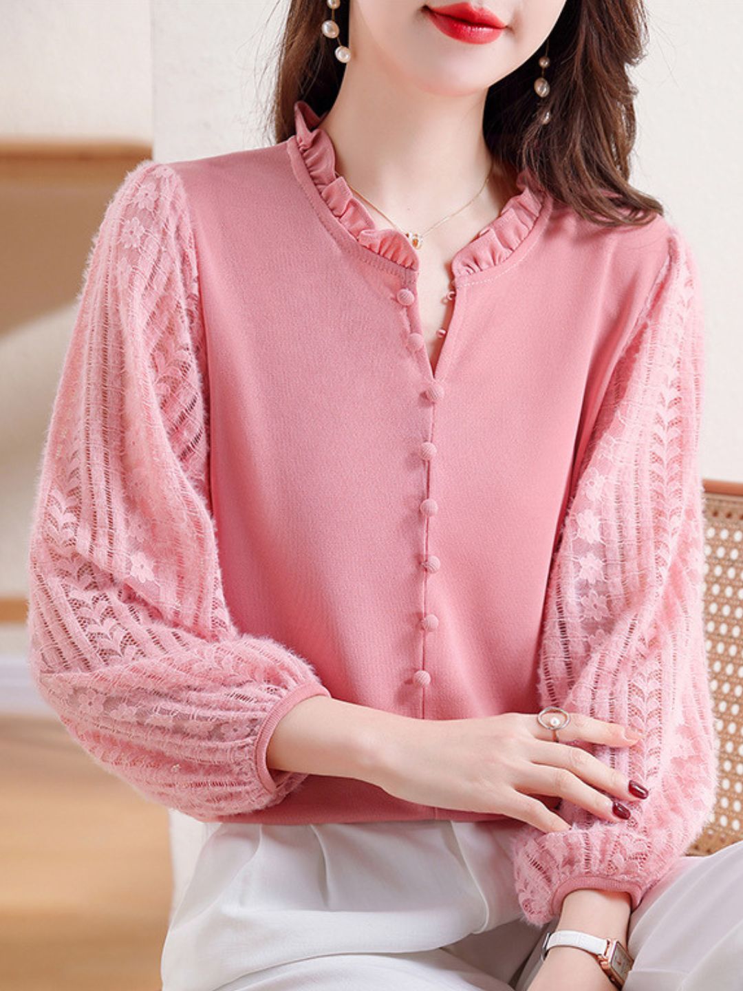 Elegant Lace Lantern Sleeve Top - Pink