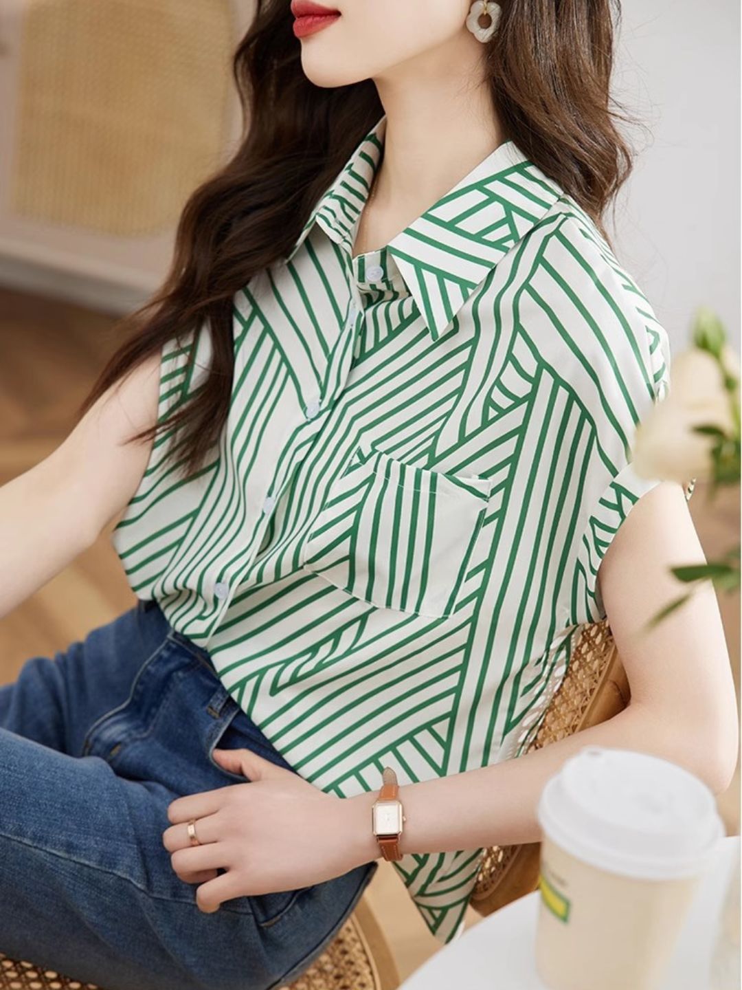 Chiffon Striped Short Sleeve Shirt