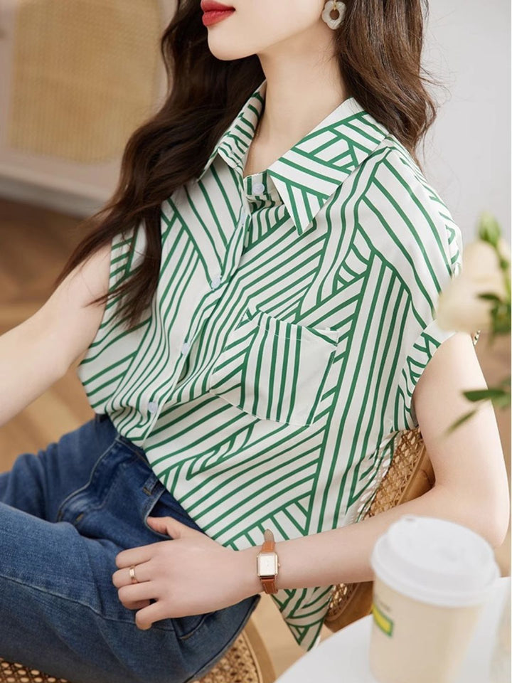 Chiffon Striped Short Sleeve Shirt