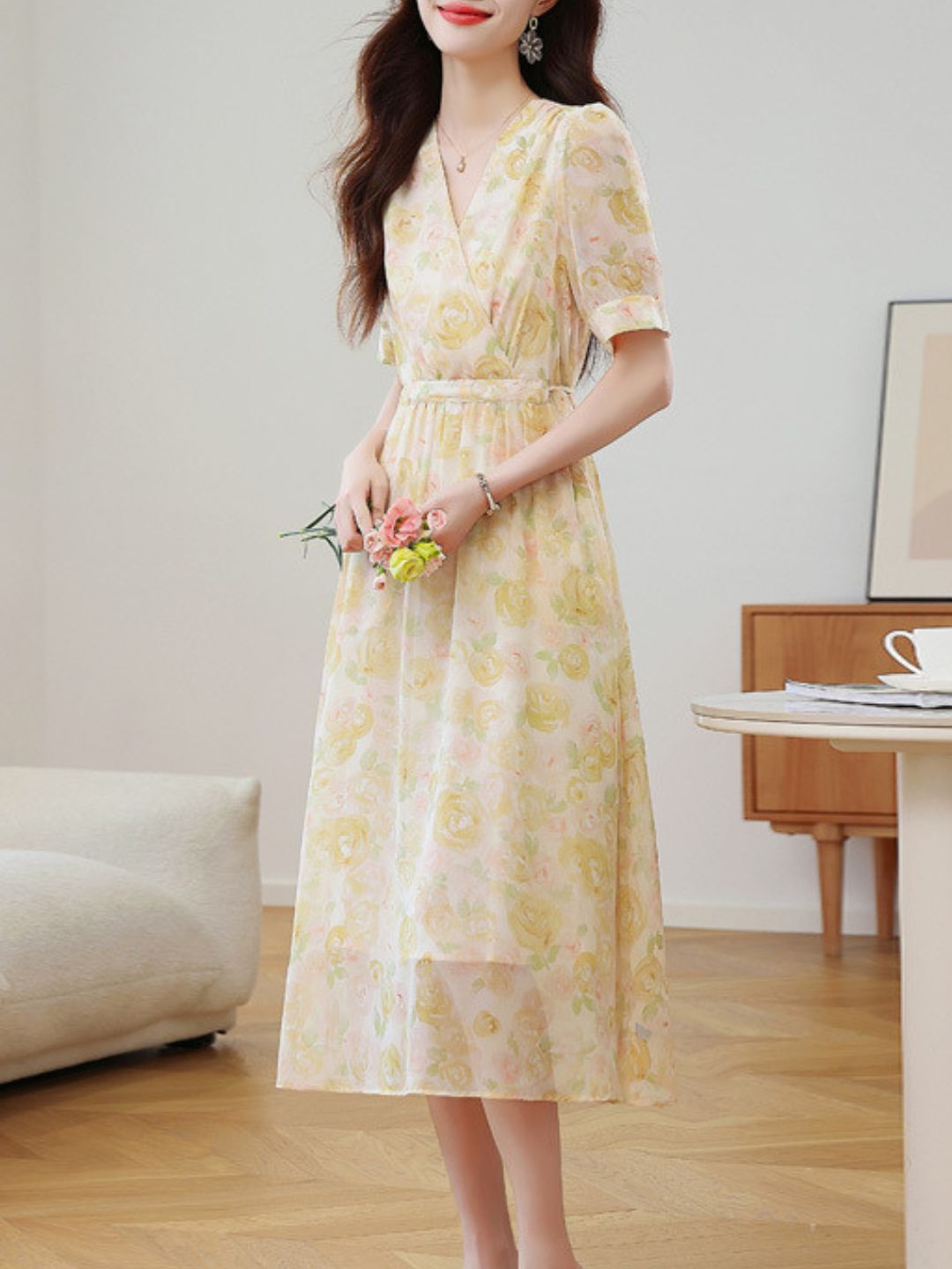 Elegant V-Neck Floral Dress