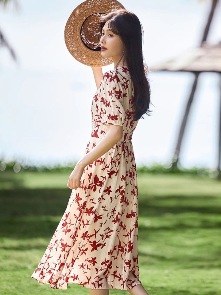 V-neck Floral Short-sleeved Dress