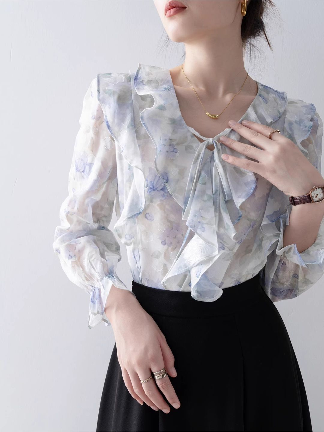 Elegant V-Neck Printed Chiffon Top