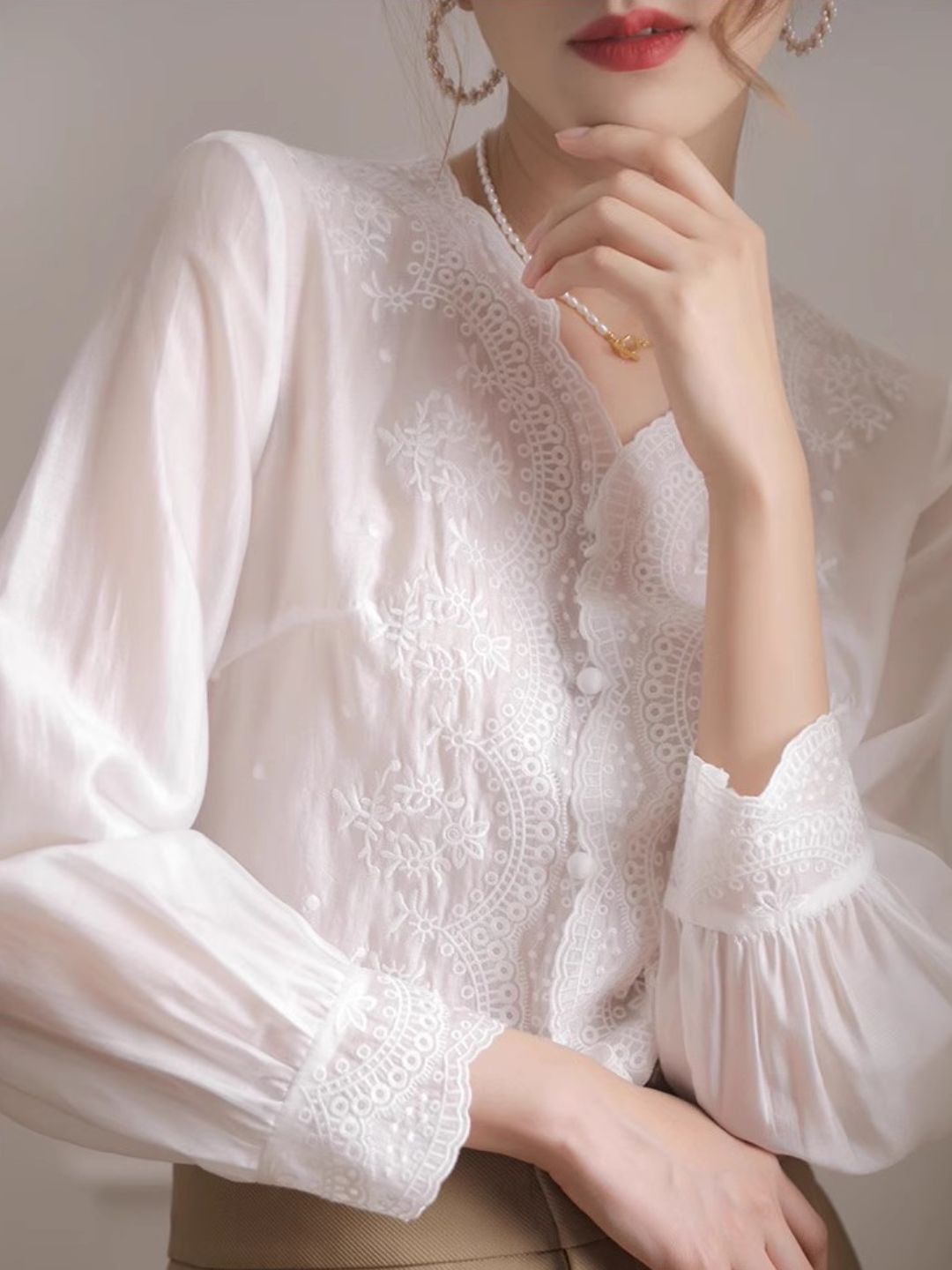 Embroidered lace V-neck Shirt Top