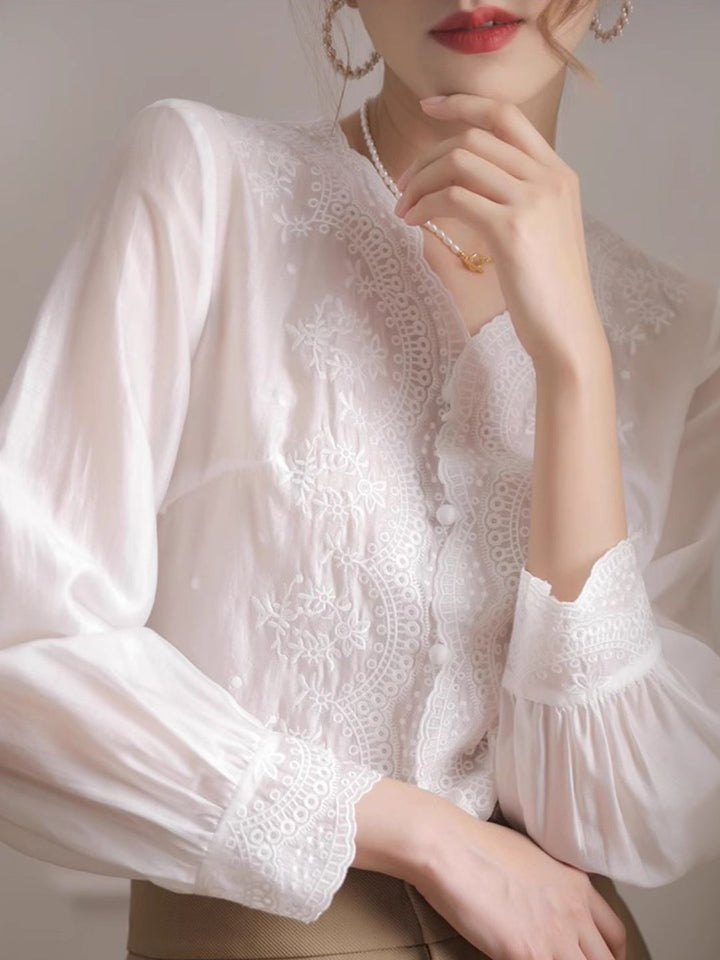Embroidered lace V-neck Shirt Top