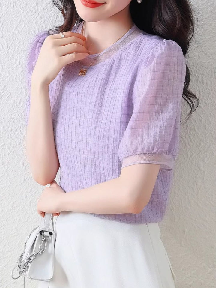 Round Neck Plaid Chiffon Shirt - Pink