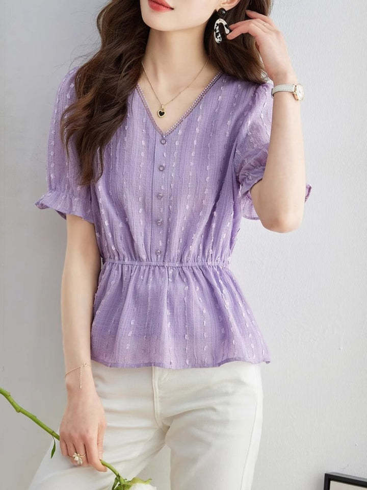 Loose Chiffon V-Neck Fashion Shirt -Purple