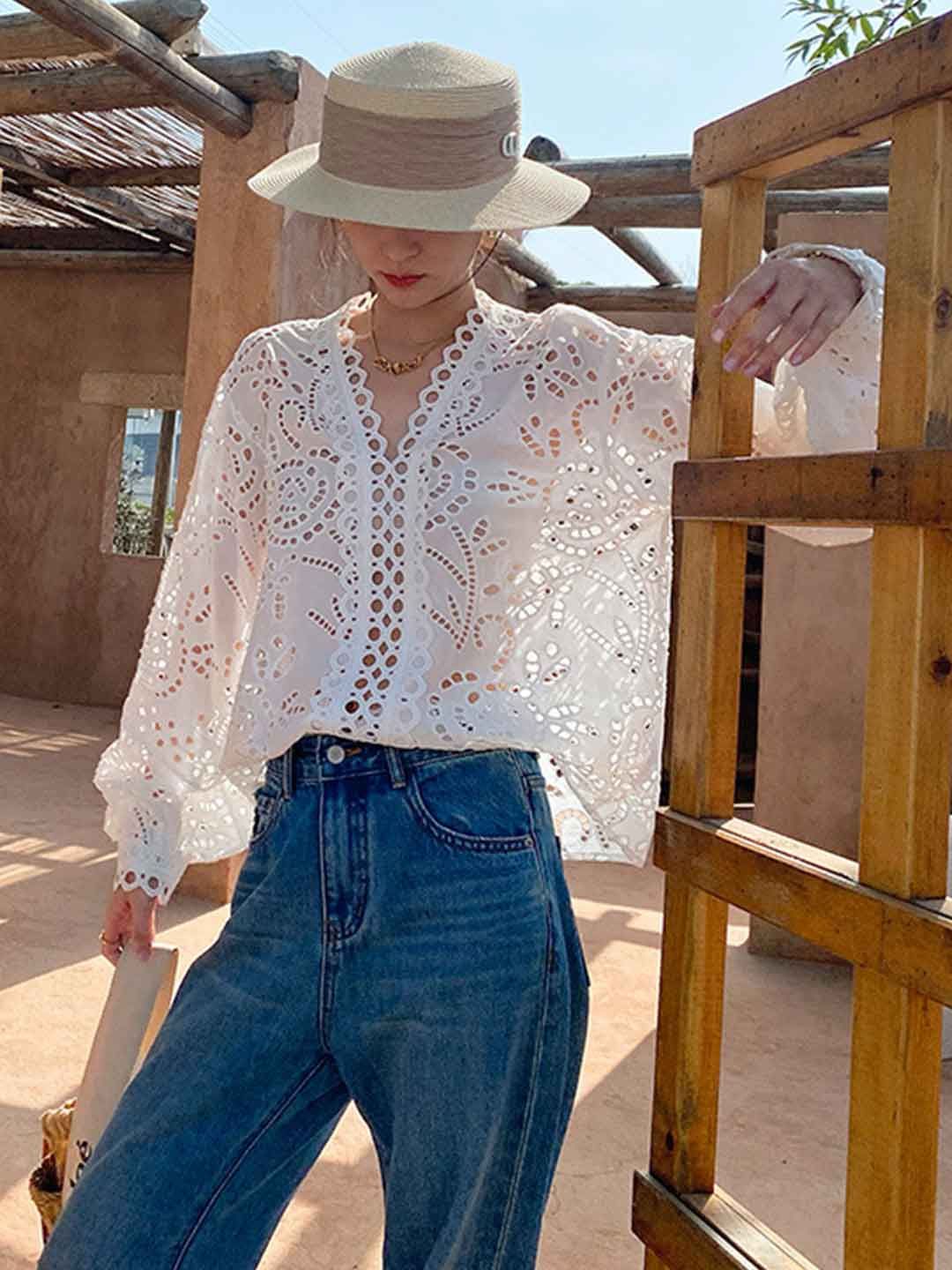 Classic V-neck Embroidered Top