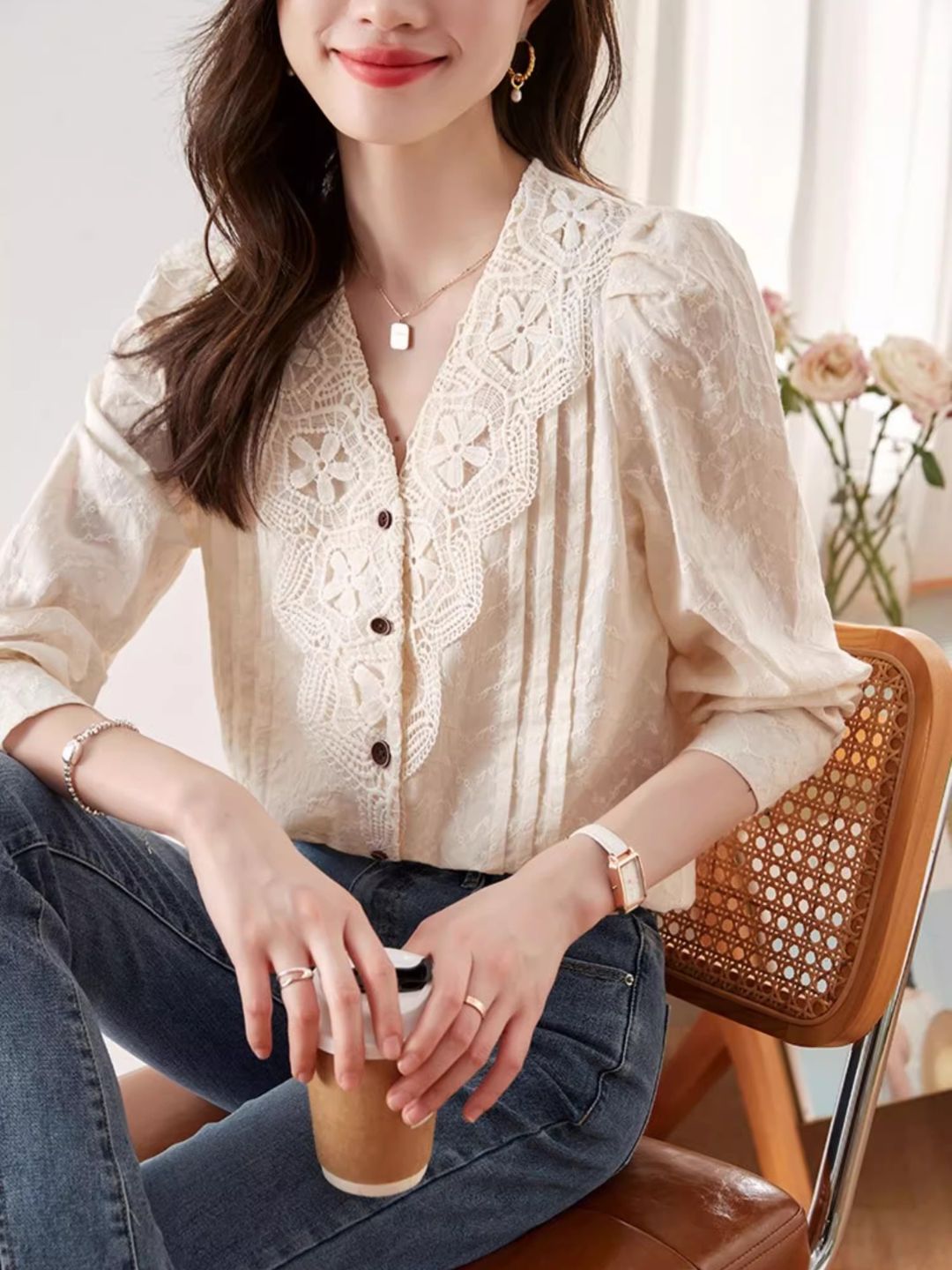 V-neck Lace Shirt Long Sleeve Top