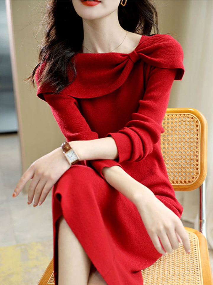 Bow Solid Color Knitted Dress