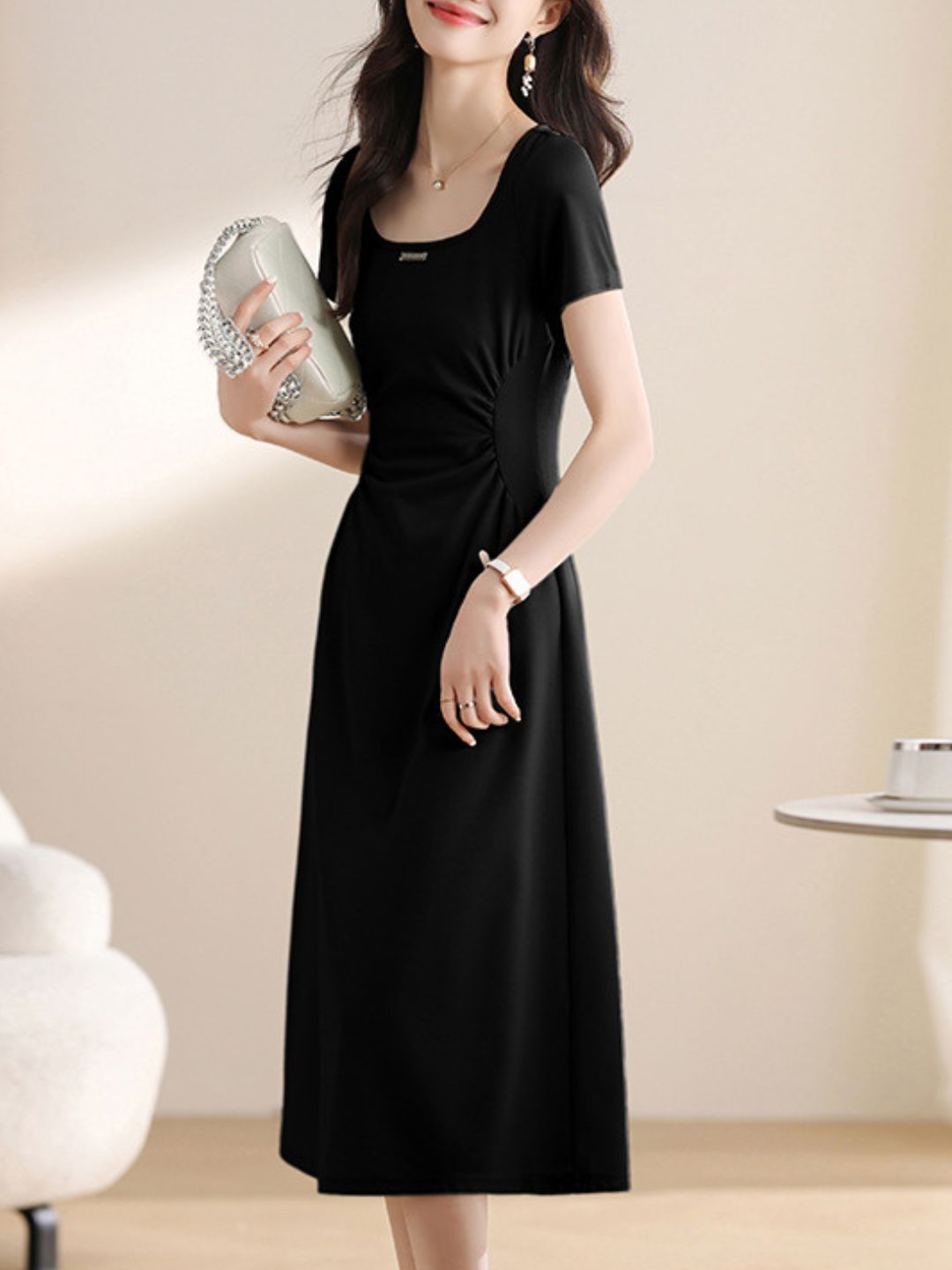 Solid Color Square Neck Dress