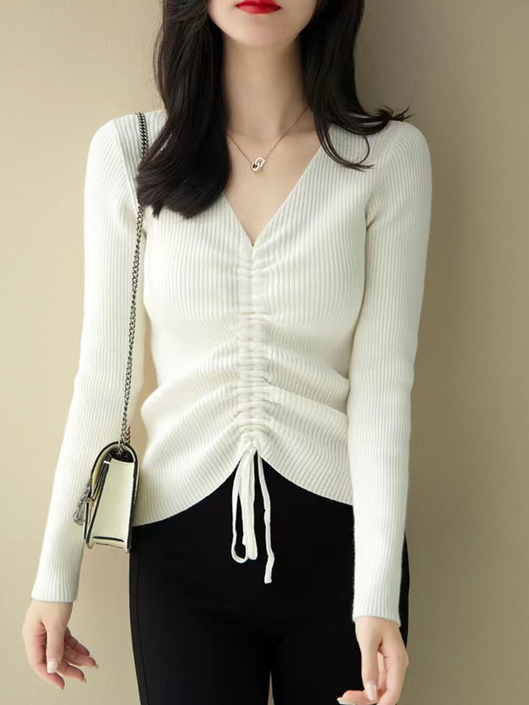 V-neck Drawstring Sweater