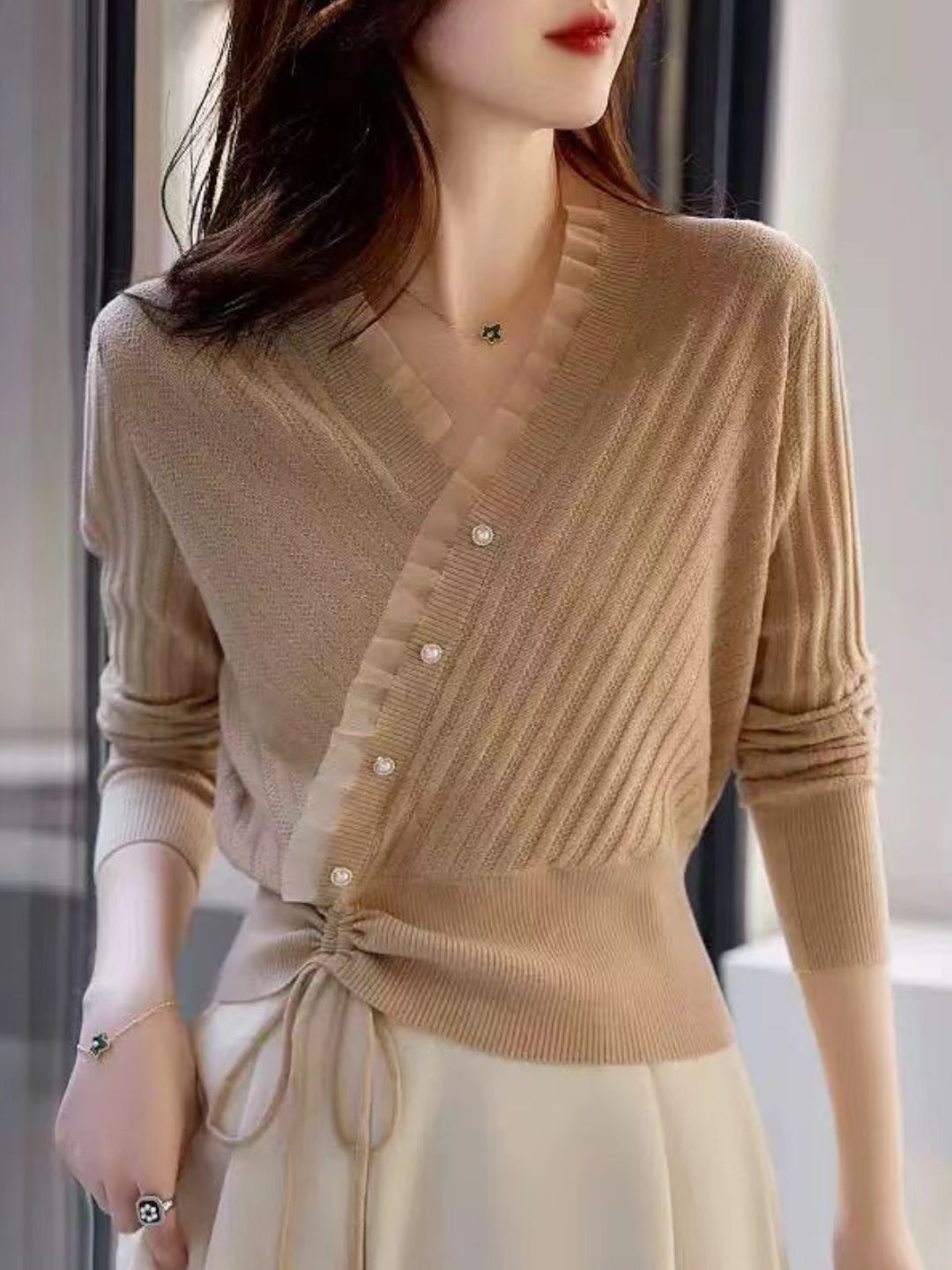 Classic Drawstring Auricular Knitted Top - Blue