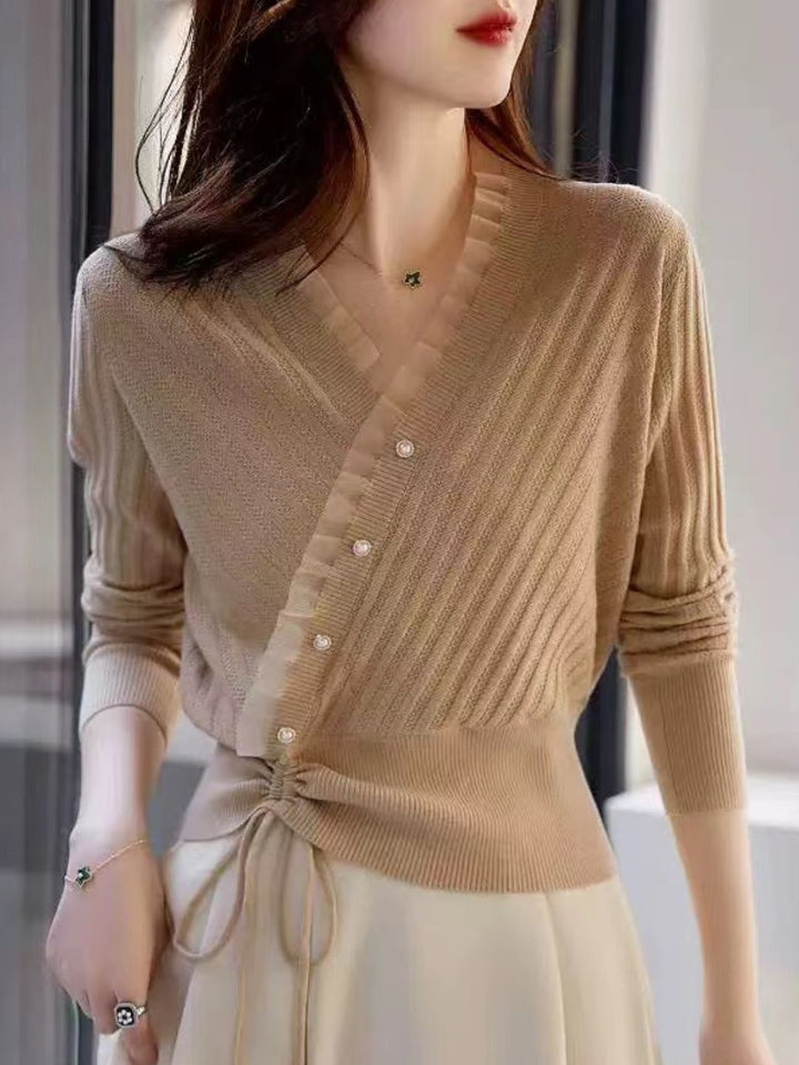 Classic Drawstring Auricular Knitted Top - Blue