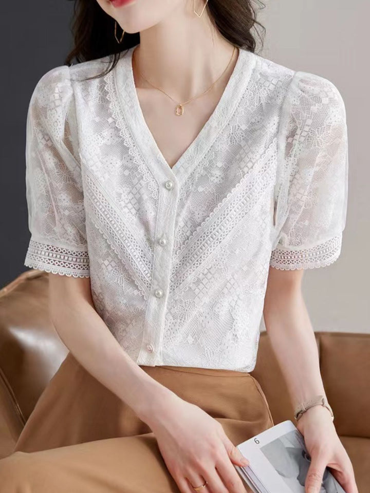 V-neck Short-sleeved Llace Chiffon Shirt