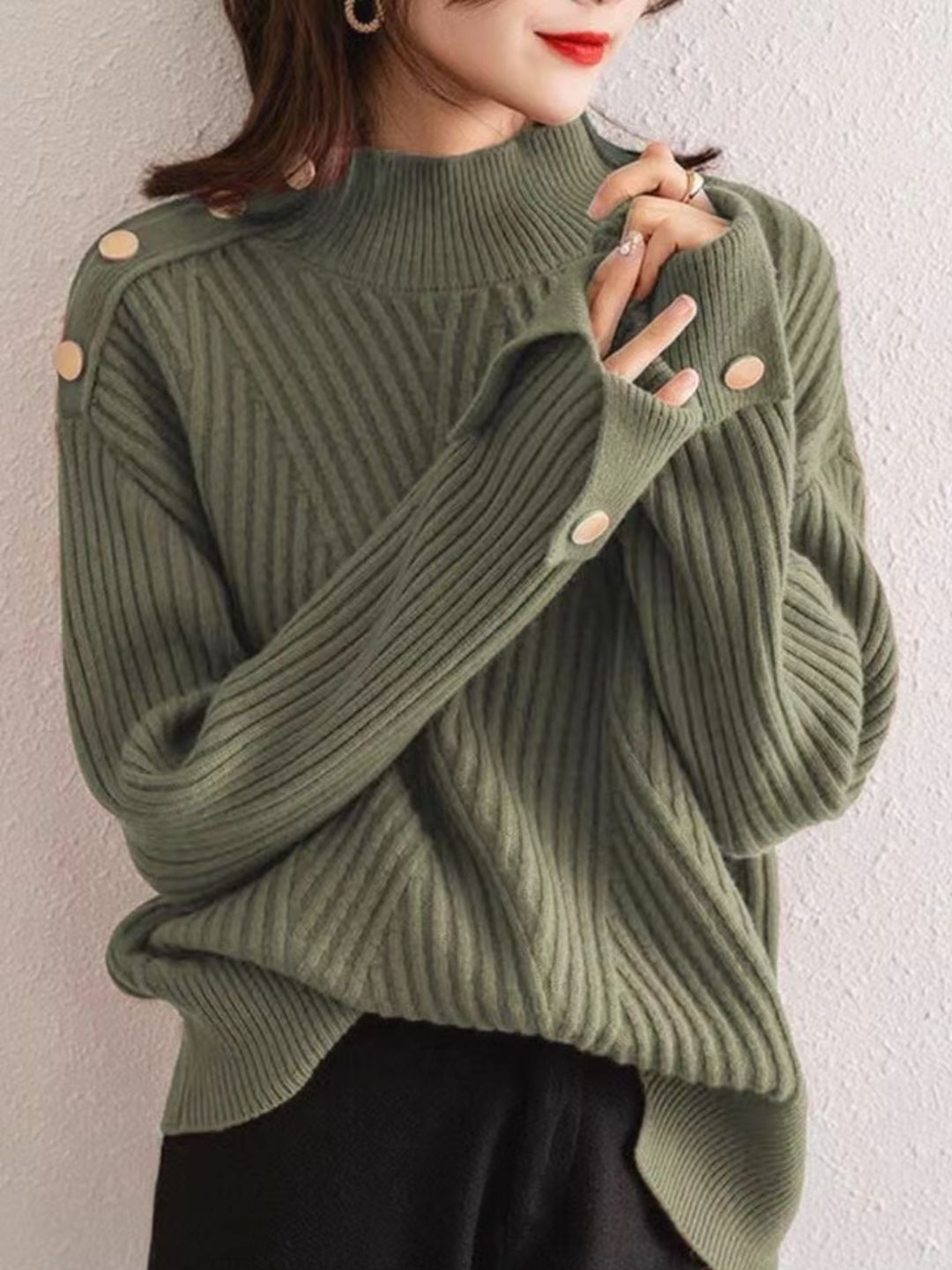 Half Turtleneck Solid Color Button Knitted Top