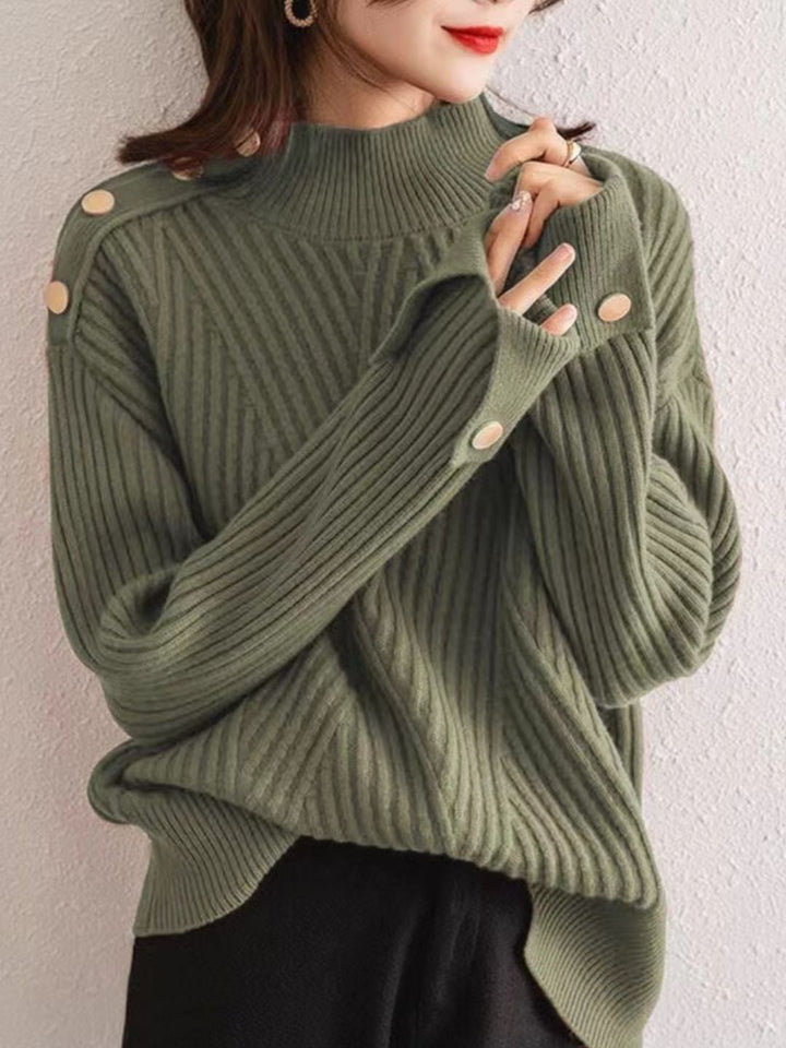 Half Turtleneck Solid Color Button Knitted Top