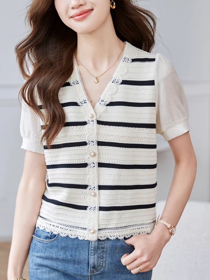 Striped Knit Cardigan Hollow Puff Sleeve Top