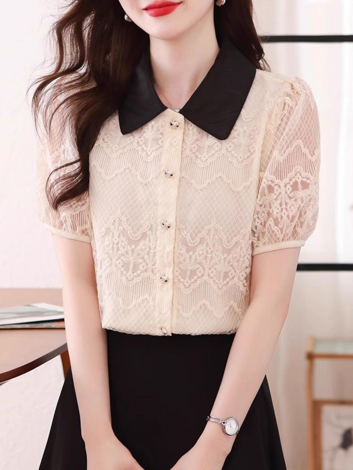 Contrast Lapel Lace Chic Top