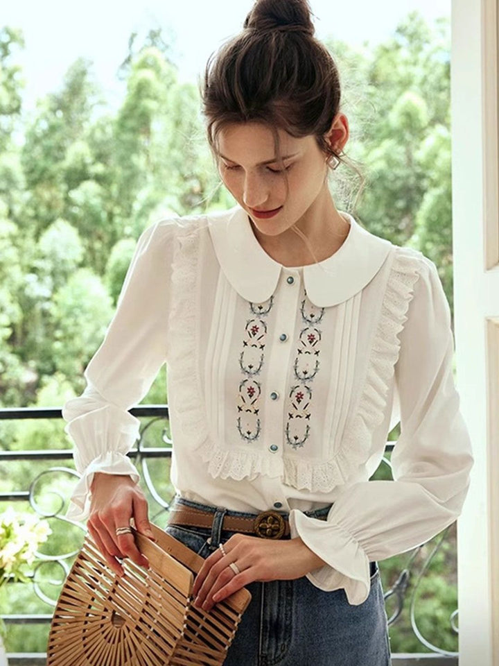 Loose Lapel Puff Sleeve Embroidered Shirt