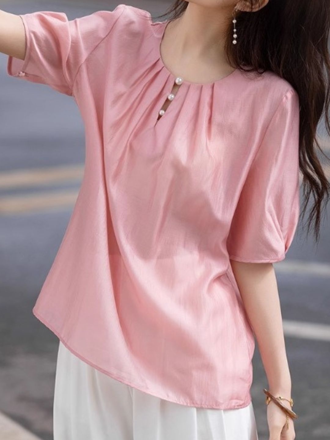 Round Neck Teardrop Button Top