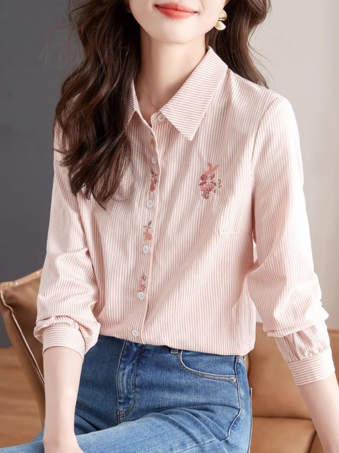 Lapel Stripe Embroidered Shirt