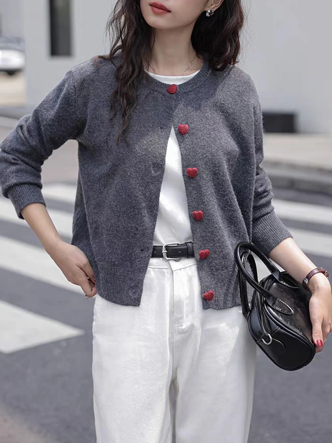 Elegant Crew Neck Heart Button Knitted Cardigan