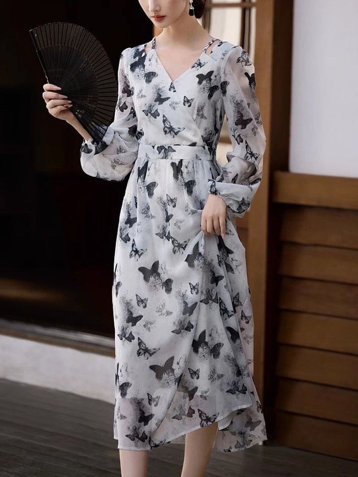 Elegant Butterfly Print V-Neck Dress