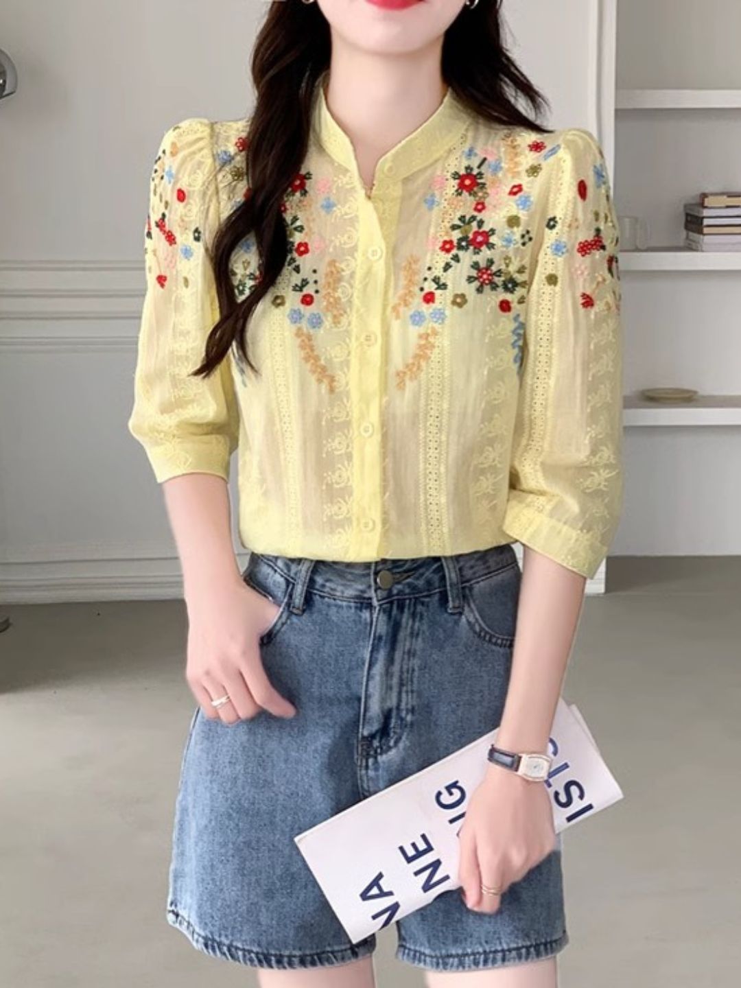 Embroidered Jacquard Stand Collar Shirt - Yellow