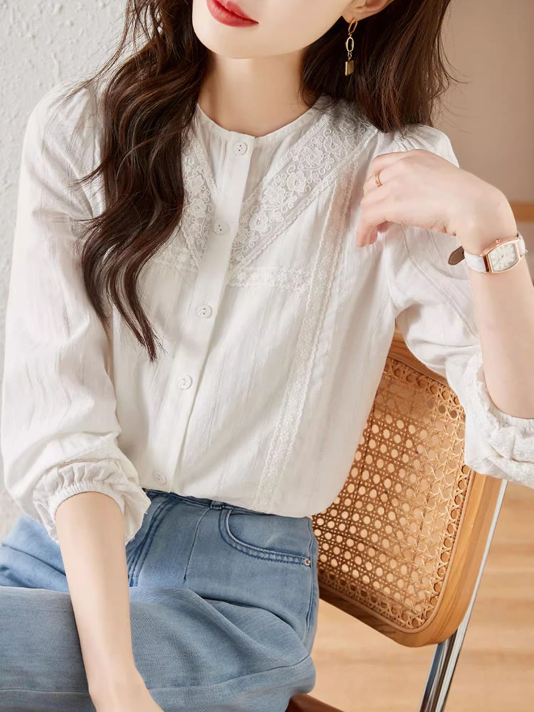 Versatile Lace Long Sleeve Shirt - Red