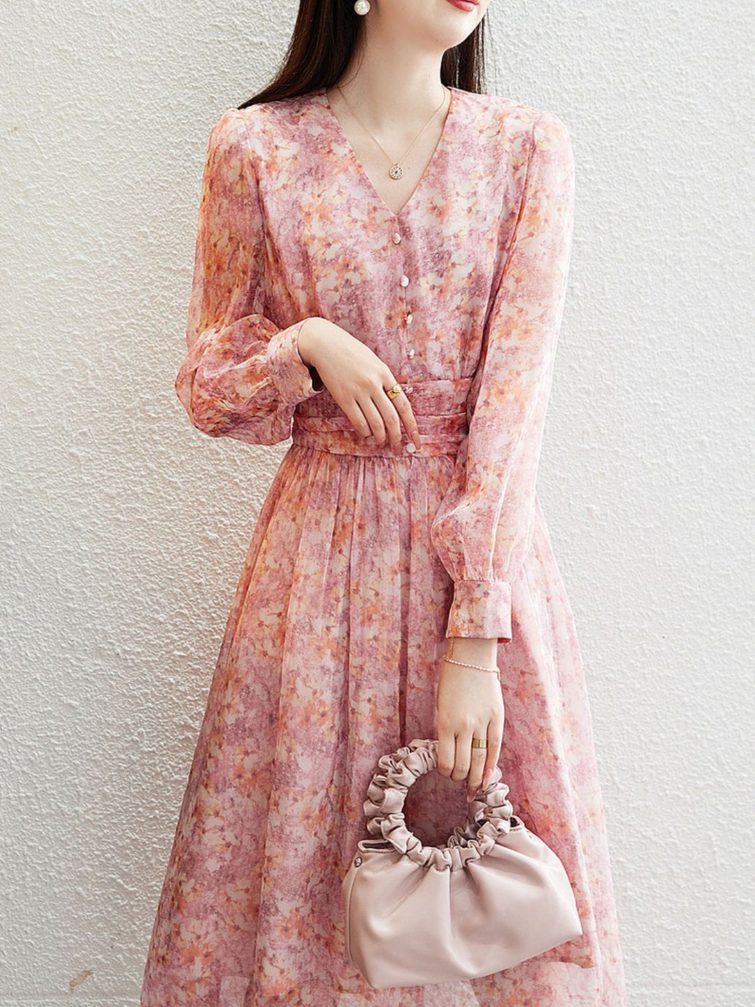 V-Neck Chiffon Floral Dress