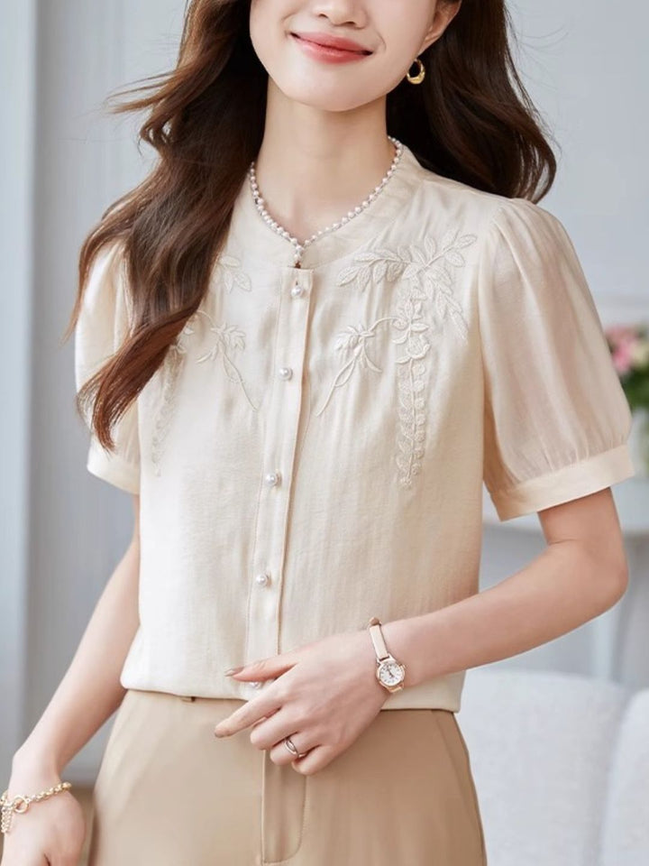 Embroidered Short Sleeve Chiffon Shirt - Apricot