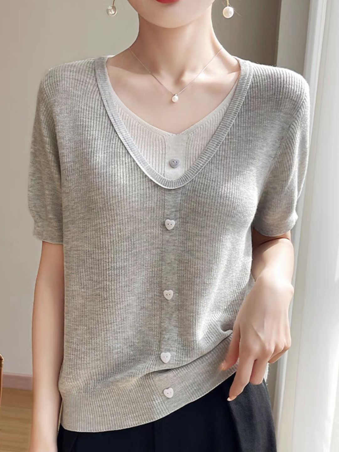 Casual V-neck Patchwork Knitted Top