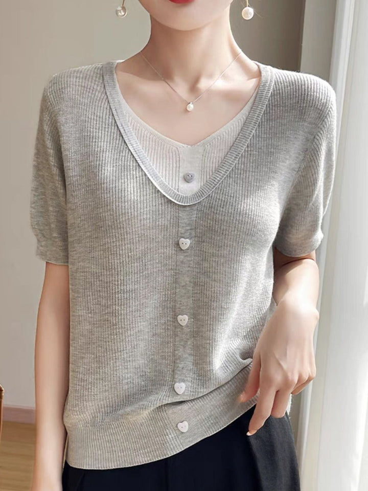Casual V-neck Patchwork Knitted Top