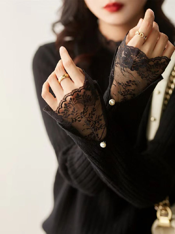 Temperament Lace Sleeve Sweater - Black