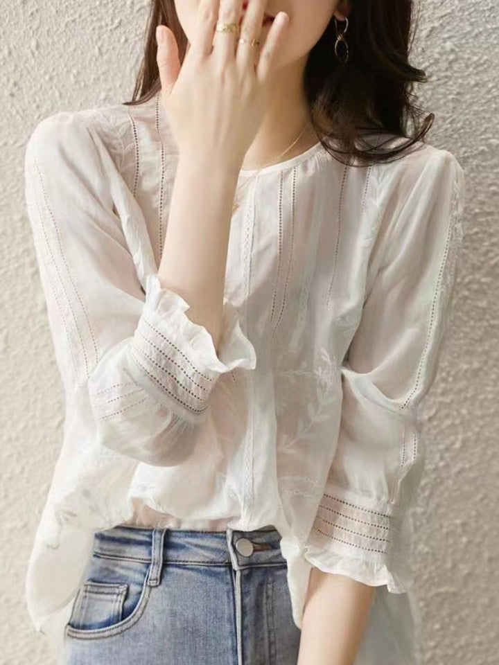 Classic Embroidered Round Neck Puff Sleeve Top